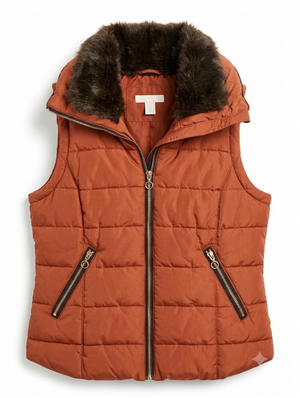 H&M Rust Brown Quilted Puffer Vest with Dark Brown Faux-Fur Collar